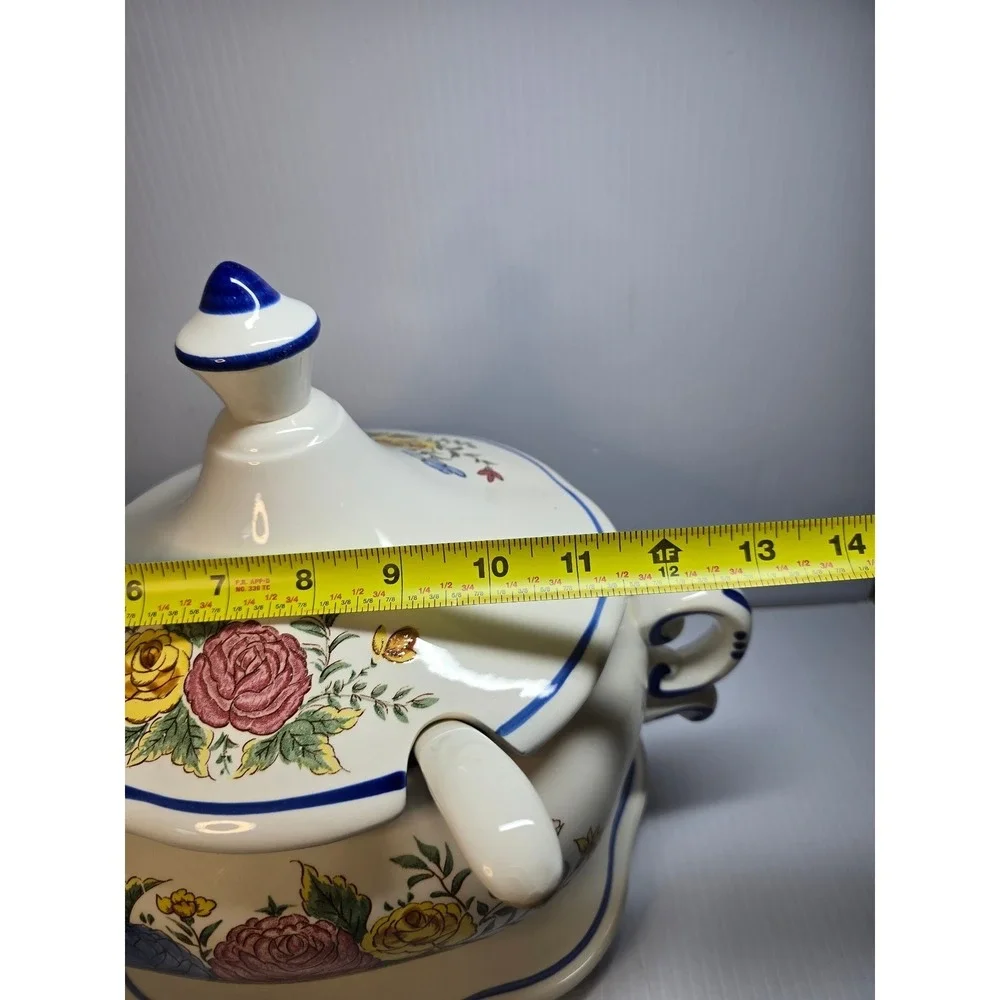 Vintage Ceramic Soup Tureen with Ladle‎ and Underplate Floral Design Blue Trim